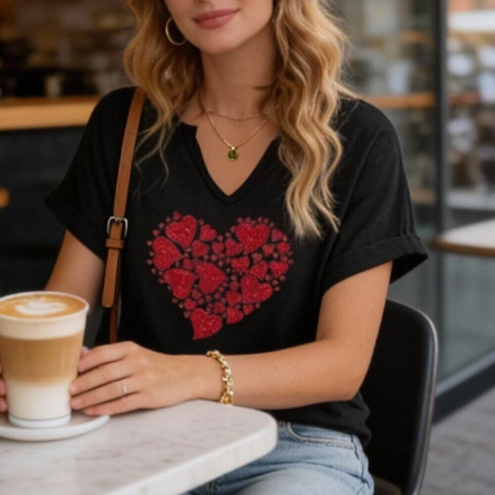 Women's Lover Heart Graphic V Neck Shirt Valentines Funny Couple - Picture 6 of 7
